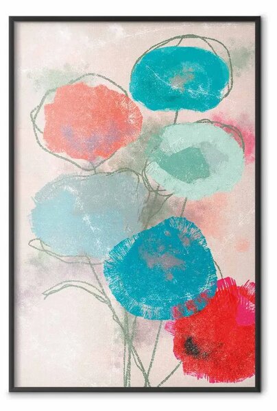 Poster: Bouquet primaverile - acquerello minimalista con fiori su sfondo rosa