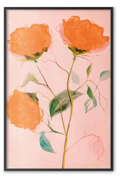 Poster: Fiori arancioni - piante con foglie su sfondo rosa