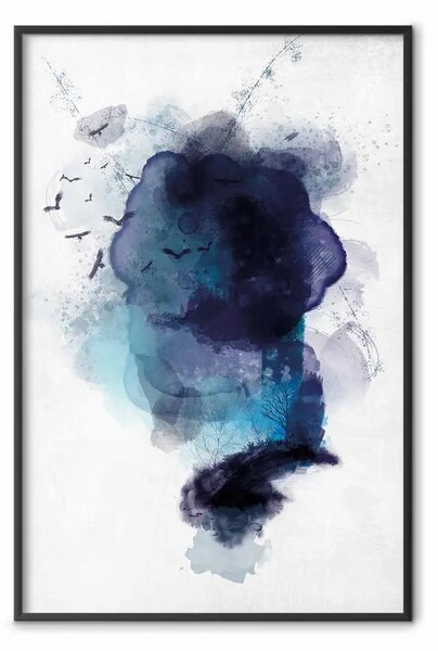 Poster: Ricordo azzurro - acquerello con uccelli e alberi su sfondo grigio