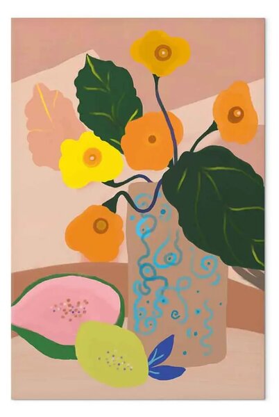 Quadro contemporaneo Fiori in vaso - Bouquet e frutta esotica