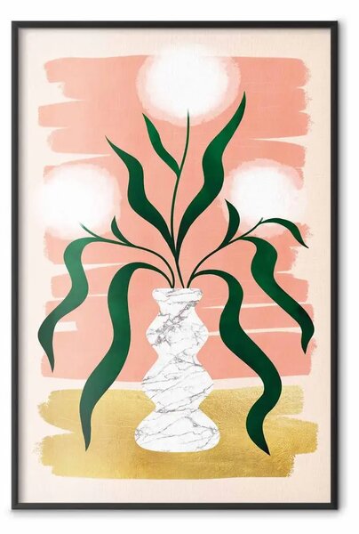 Poster: Soffi di soffioni in vaso - fiori con foglie su sfondo dorato e rosa