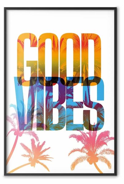 Poster: Good Vibes - scritta colorata con palme su sfondo bianco