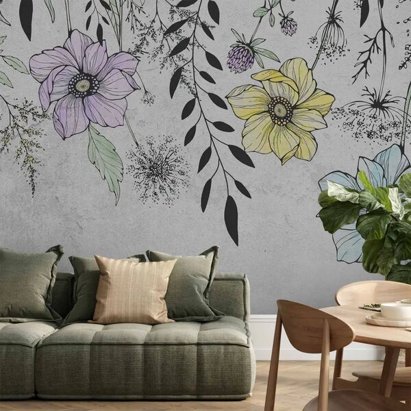 Carta da parati Prato grafico - motivo floreale colorato di fiori di campo
