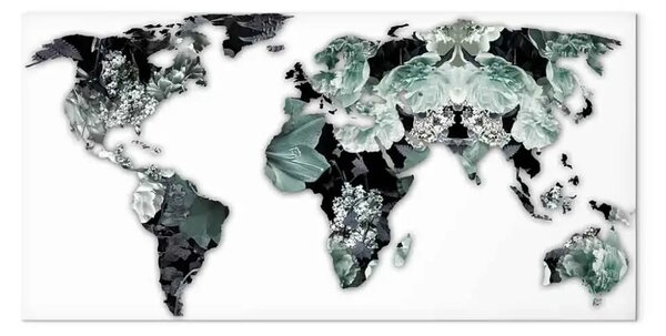 Quadro moderno Mappa smeraldo - mappa del mondo con fiori verdi