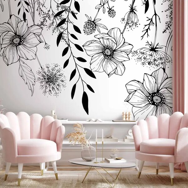 Carta da parati Prato grafico - motivo floreale fiori di campo in lineart su grigio