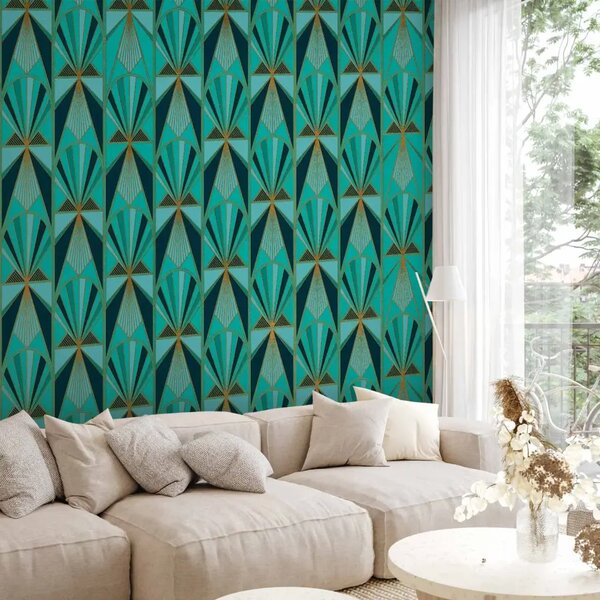 Carta da parati moderna Astrazione verde - motivi colorati con cornice dorata