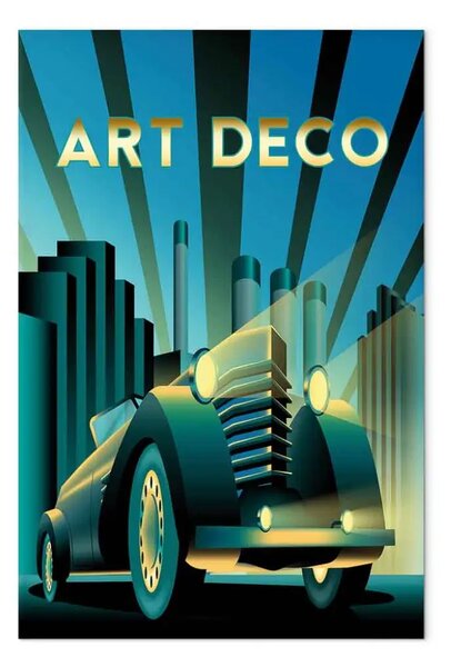 Quadro su tela Auto d'epoca - auto e scritta dorata in stile art deco