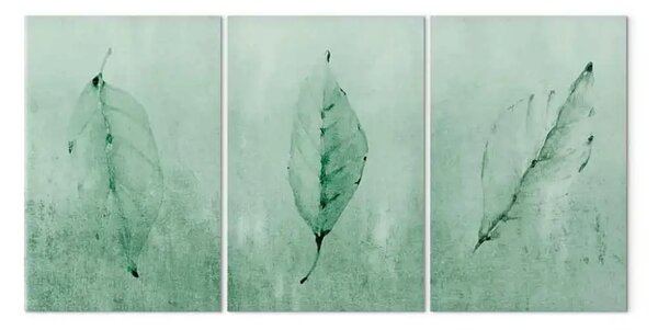 Quadro Sfumatura primaverile (3 parti) - paesaggio celeste con foglie verdi