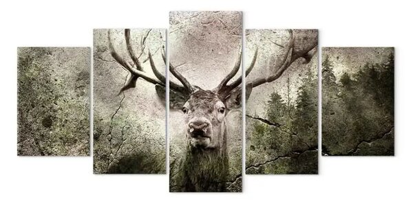 Quadro moderno Spirito del bosco (5 parti) - animale del bosco e alberi di pino