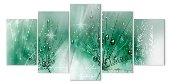 Quadro su tela Soffioni verdi (5 parti) - fiori delicati e scritte