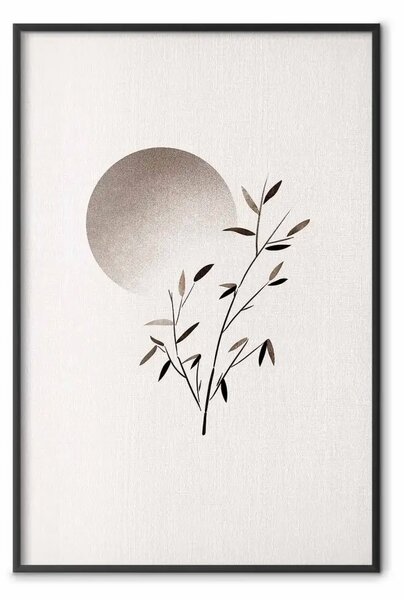 Poster: Minimalismo orientale - ramo con foglie e sole in stile japandi su sfondo chiaro