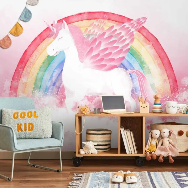 Carta da parati moderna Potere rosa dell’unicorno - in rosa su sfondo arcobaleno