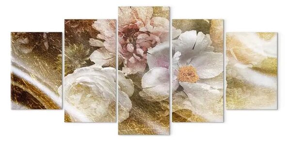 Quadro Peonie e Rose (5 pezzi) Largo - Fiori diversi con un tocco dorato