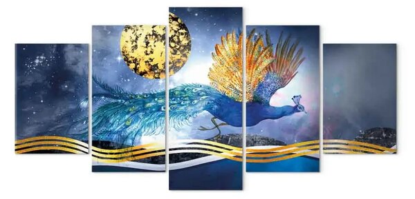 Quadro su tela Paesaggio fantasy (5 pezzi) largo - Uccello colorato e luna