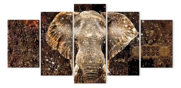 Quadro contemporaneo Elefante dorato (5 pezzi) largo - animale enorme e sfondo astratto