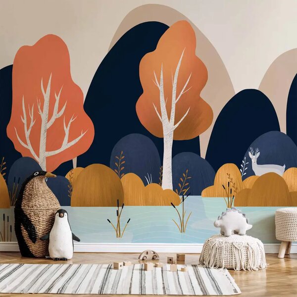 Carta da parati moderna Paesaggio per bambini - natura arancione con animali e montagne