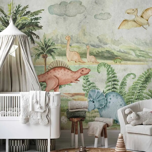 Carta da parati Paesaggio per bambini - pittoresco paesaggio con dinosauri colorati