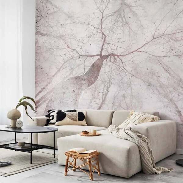 Carta da parati Nebbia - corona di albero in bianco con elementi rosa