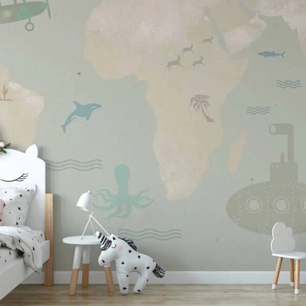 Carta da parati moderna Mappa per bambini - aeroplani e animali su mappa