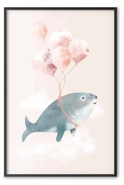 Poster: Balena danzante - animaletto pastello con palloncini su sfondo rosa