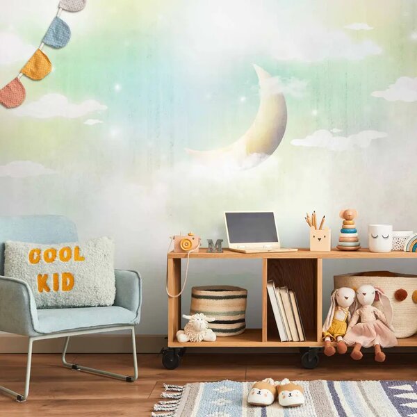 Carta da parati moderna Paesaggio per bambini - nuvole e luna su sfondo colorato