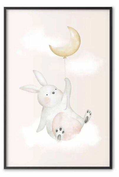 Poster: Coniglietto con palloncino - animaletto pastello su nuvola su sfondo chiaro