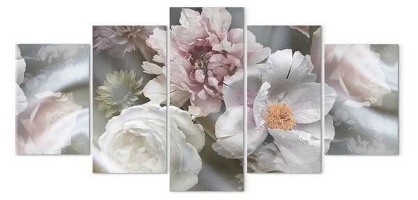 Quadro Giardino primaverile (5-pezzo) ampio - fiori su sfondo chiaro