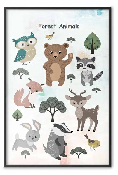 Poster: Animali della foresta - tema bambini pastello con abitanti della foresta
