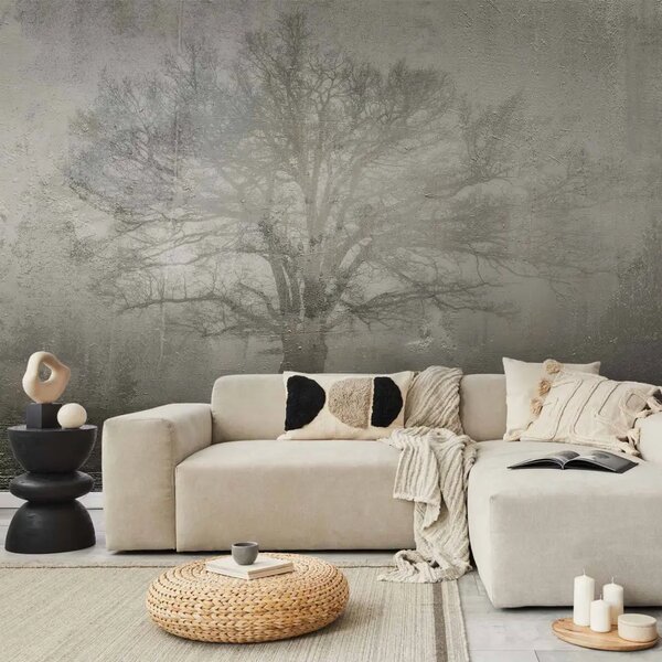 Carta da parati moderna Luce della natura - paesaggio in bianco e nero con albero e pioggia