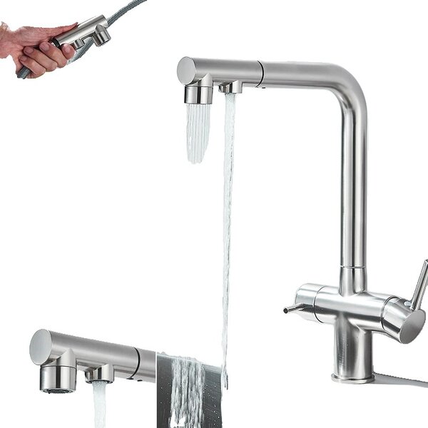 Rubinetto da cucina ad acqua filtrata, Doppia maniglia, Rotazione di 360°, Ugello estraibile, Nickel spazzolato