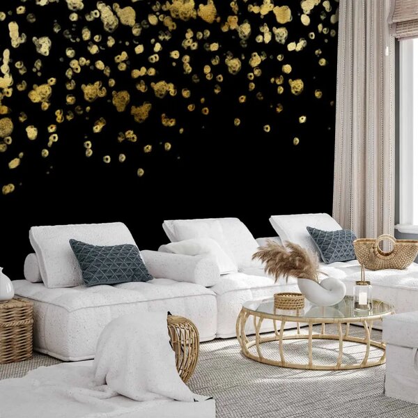 Carta da parati moderna Boho delicato - composizione di foglie e fiori su sfondo nero
