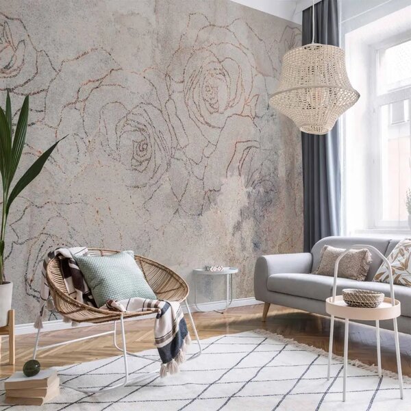 Carta da parati moderna Boho delicato - paesaggio con composizione arancione di foglie e fiori