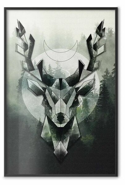 Poster: Cervo verde - motivo geometrico animale su sfondo foresta