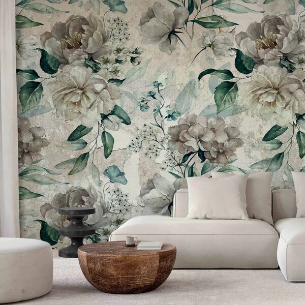Carta da parati moderna Piante in stile retrò - fiori nei toni del verde su sfondo chiaro