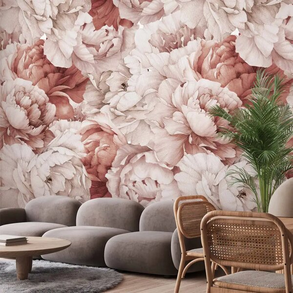 Carta da parati moderna Peonie - motivo naturale con fiori chiari in tonalità rosa