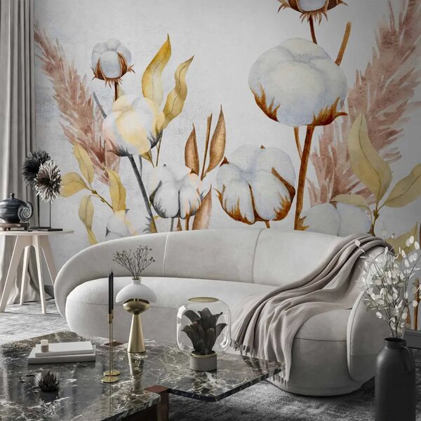 Carta da parati Motivo boho - foglie e fiori di cotone dipinti nei toni del blu