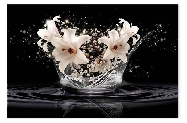 Quadro Gigli - Acqua trasparente e fiori bianchi su sfondo nero