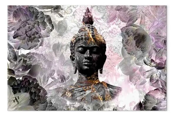 Quadro moderno Buddha Dorato - Statua orientale e fiori in stile Zen