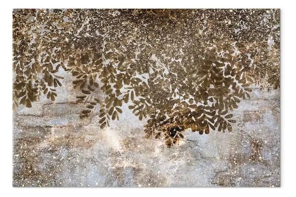 Quadro su tela Alberi sotto la Pioggia Dorata - Foglie su un muro in seppia