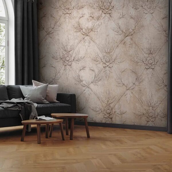 Carta da parati moderna Ornamento - sfondo chiaro con motivo floreale scolpito nel beige