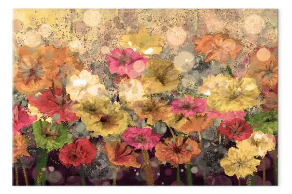 Quadro Rugiada su prato dipinto - fiori primaverili multicolori