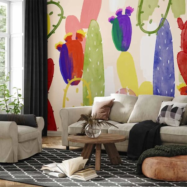 Carta da parati moderna Cactus colorati - astrazione vegetale con succulente ad acquerello