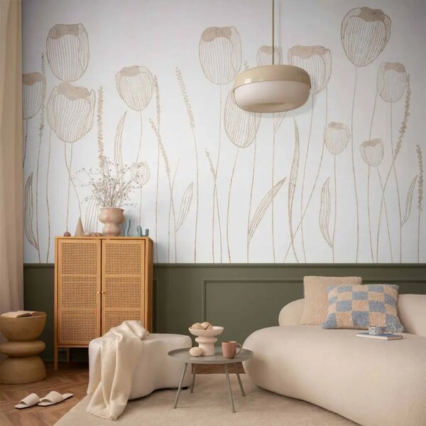 Carta da parati moderna Tulipani lineari - delicati fiori minimalisti in stile boho