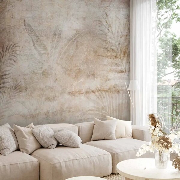 Carta da parati moderna Natura beige - composizione di foglie e palma in toni grigio chiaro