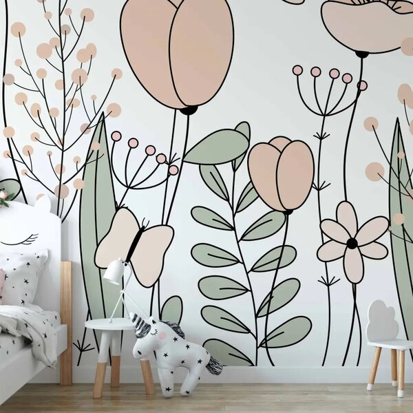 Carta da parati Prato disegnato - fiori, foglie e farfalle rosa in forma grafica