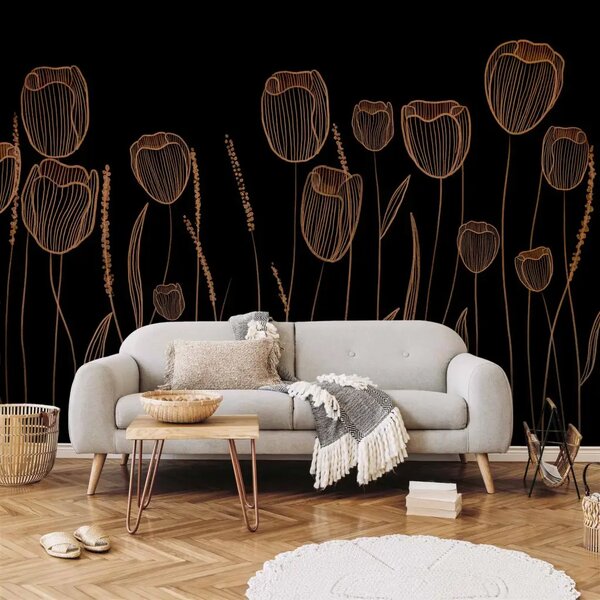 Carta da parati moderna Fiori lineari - piante minimaliste in stile boho su sfondo scuro