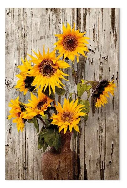 Quadro Girasoli - fiori gialli in vaso su sfondo legno