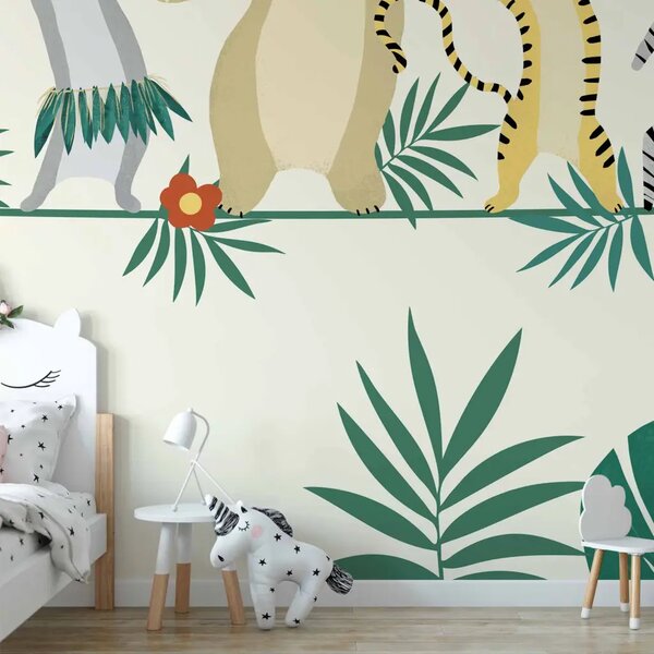 Carta da parati moderna Animali ballerini - scimmia, coniglio, tigre e zebra su sfondo giallo