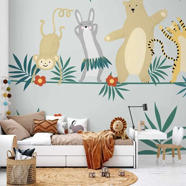 Carta da parati moderna Animali ballerini - scimmia, coniglio, tigre e zebra su sfondo grigio