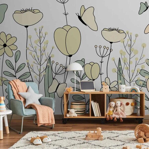 Carta da parati Prato disegnato - fiori, foglie e farfalle gialle in forma grafica